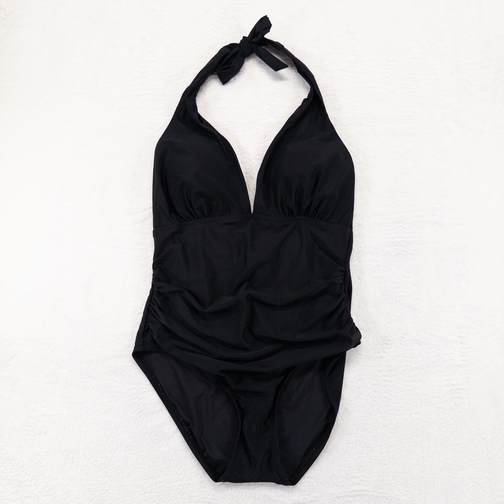 Tommy Hilfiger Womens One Piece Swimsuit 12 Black Halter Ruched V-Neck Slimming
